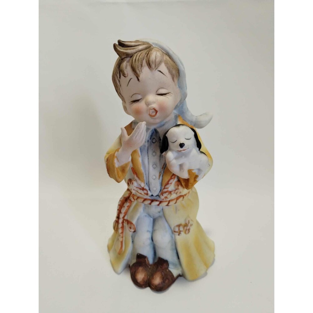 Lefton China Hand Painted Bisque Yawning Boy and his Dog Figurine
